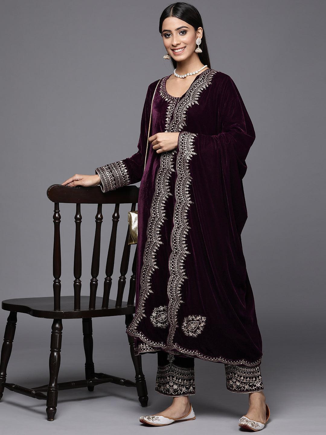 Purple Embroidered Velvet A-Line Suit Set - ShopLibas 