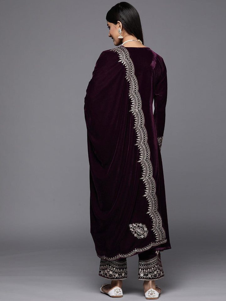 Purple Embroidered Velvet A-Line Suit Set
