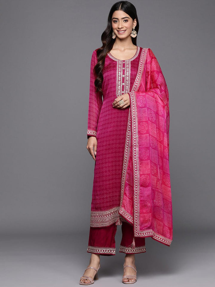 Purple Printed Chiffon Straight Suit Set With Trousers