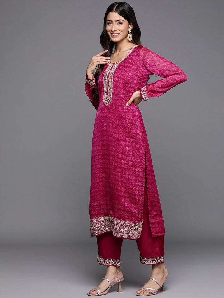 Purple Printed Chiffon Straight Suit Set With Trousers
