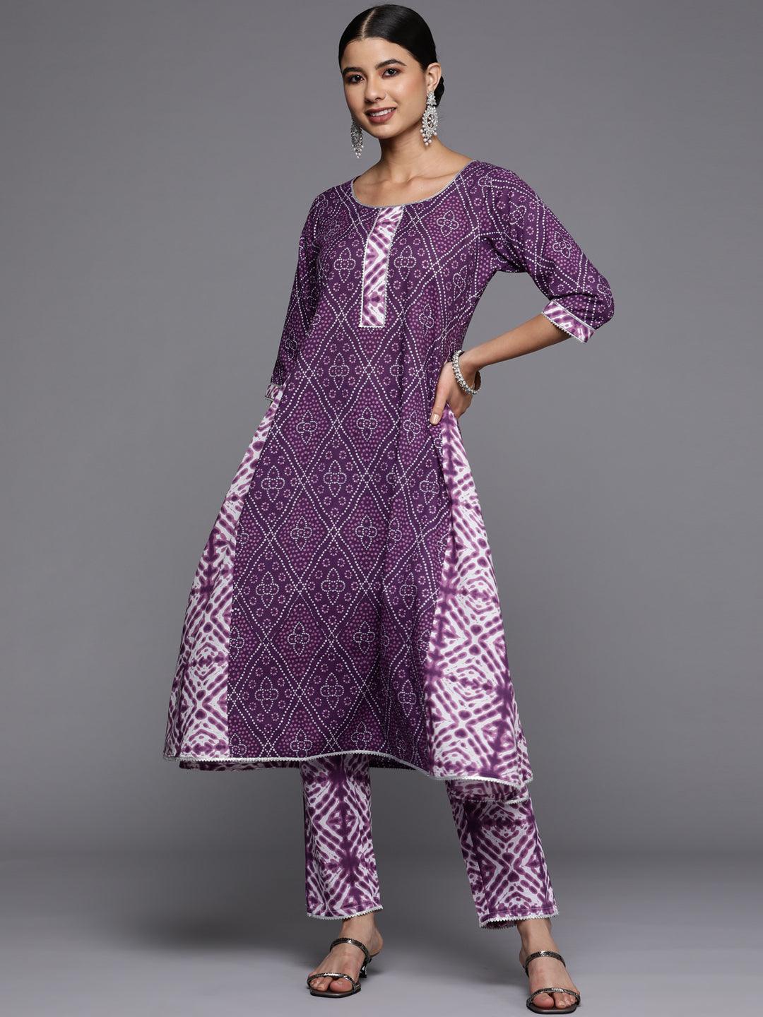 Purple Printed Cotton A-Line Kurta - ShopLibas