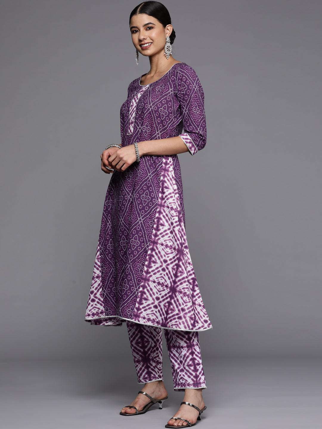 Purple Printed Cotton A-Line Kurta - ShopLibas