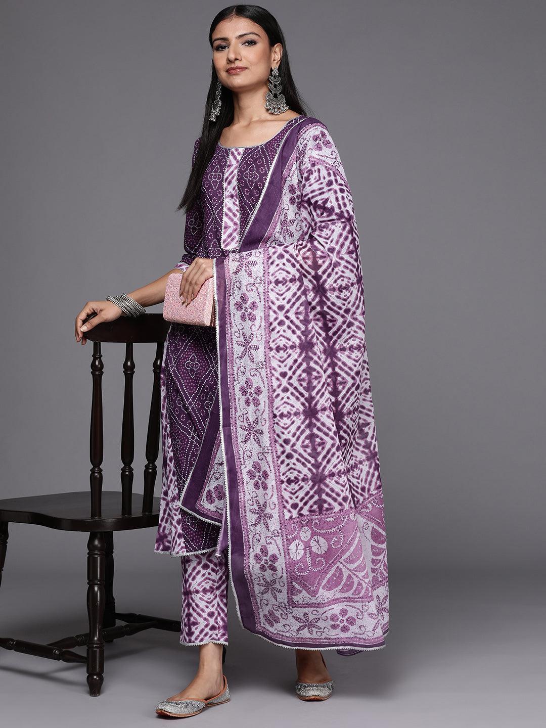 Purple Printed Cotton A-Line Suit Set - ShopLibas 