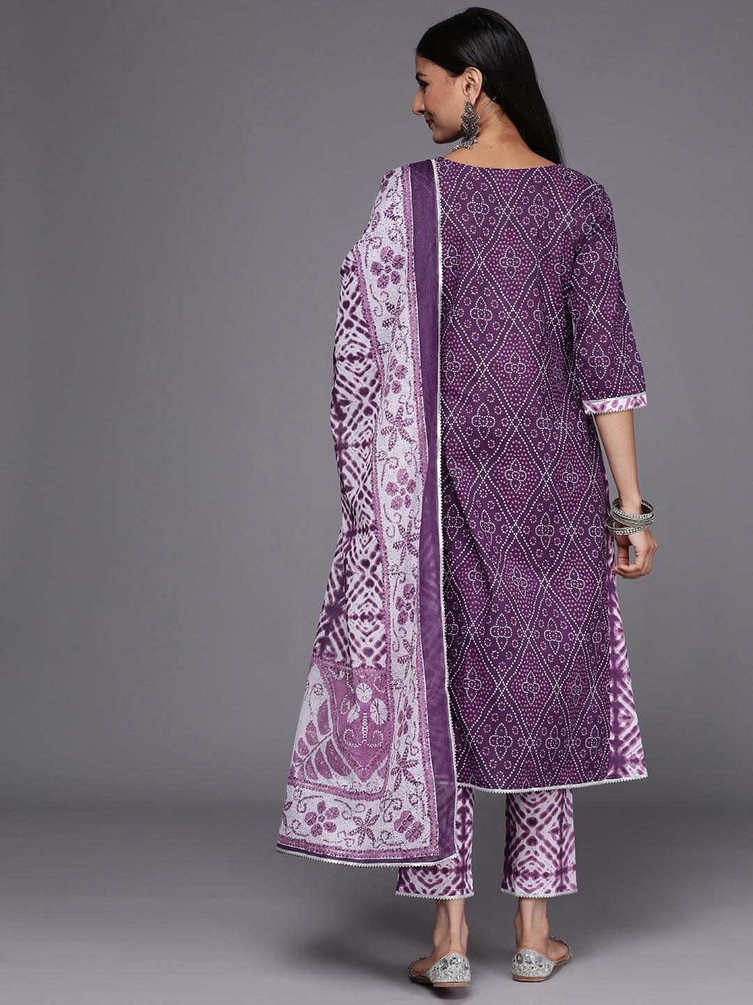 Purple Printed Cotton A-Line Suit Set - ShopLibas 