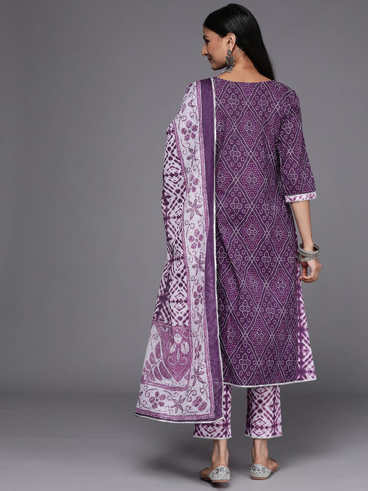 Purple Printed Cotton A-Line Suit Set