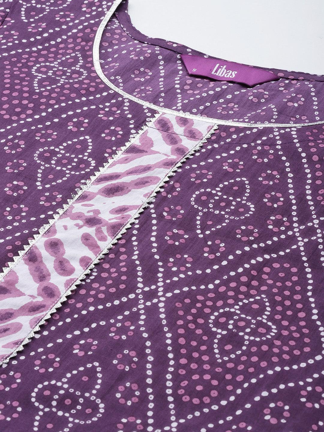 Purple Printed Cotton A-Line Suit Set - ShopLibas 