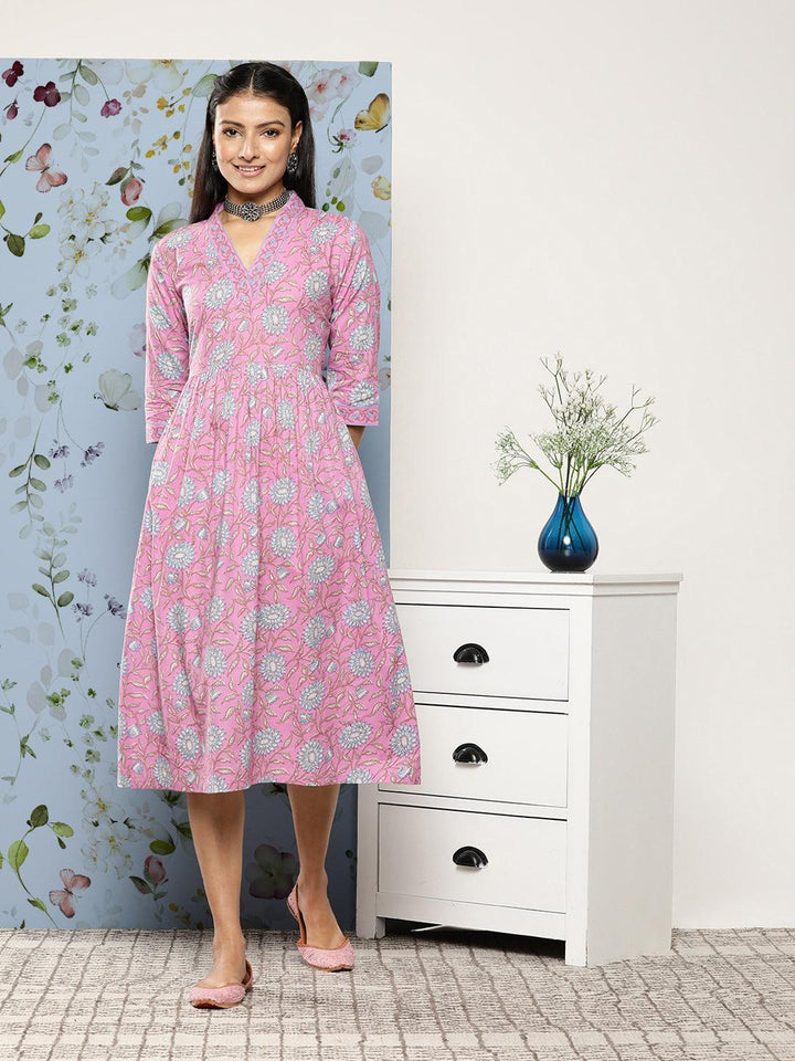 Purple Printed Cotton Fit and Flare Dress - ShopLibas