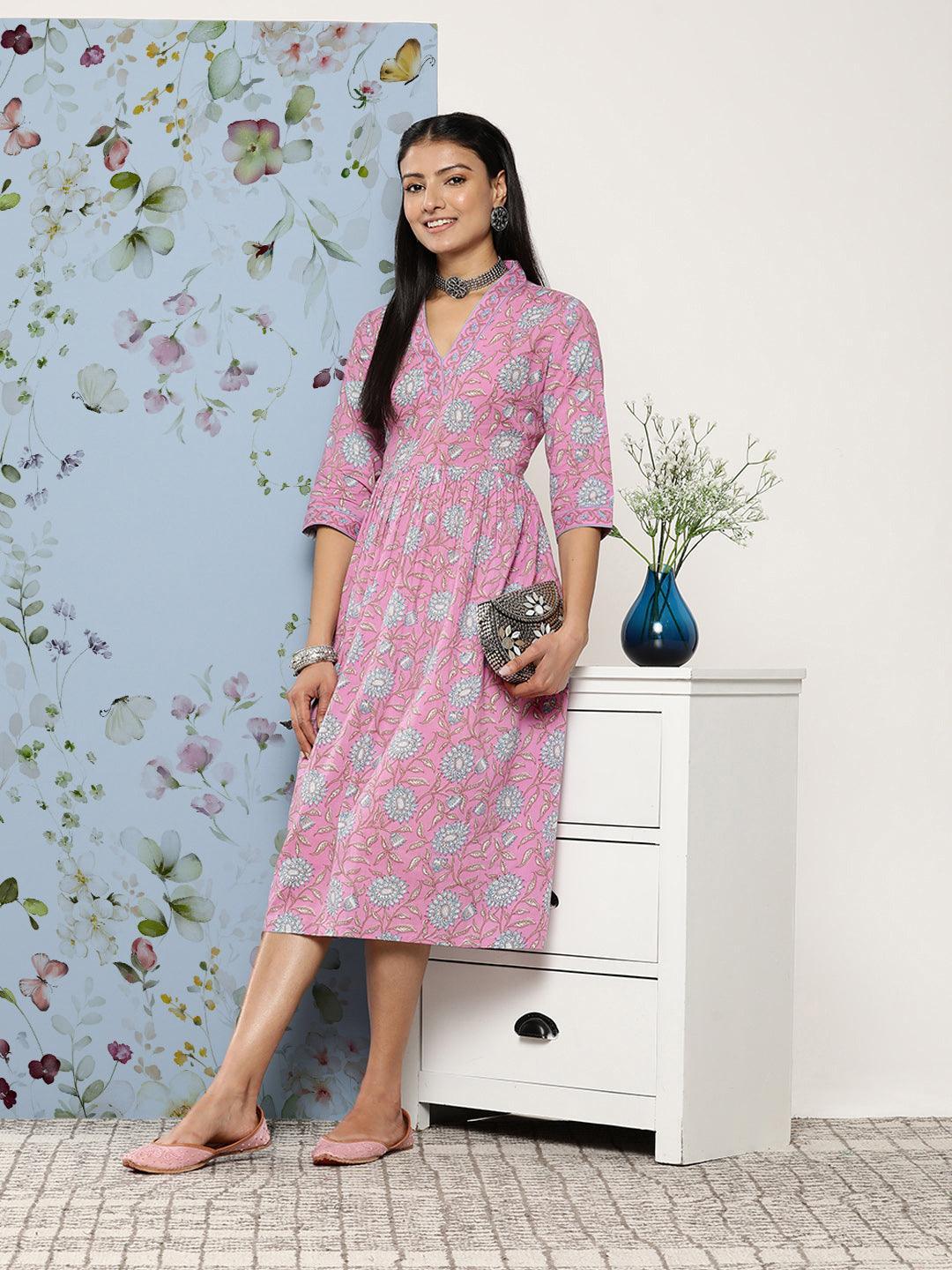 Purple Printed Cotton Fit and Flare Dress - ShopLibas
