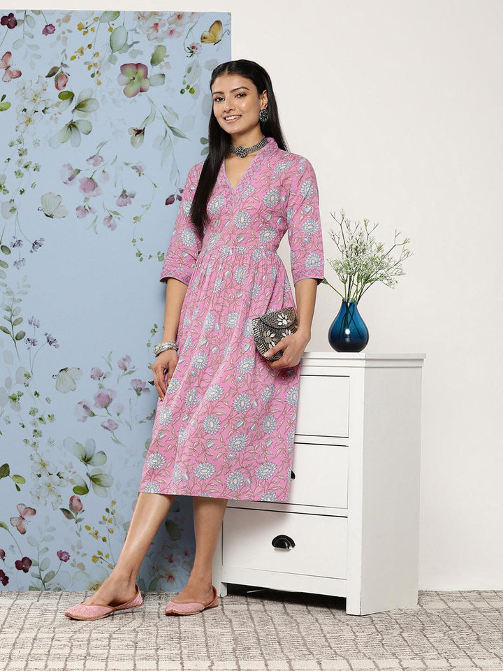 Purple Printed Cotton Fit and Flare Dress - ShopLibas
