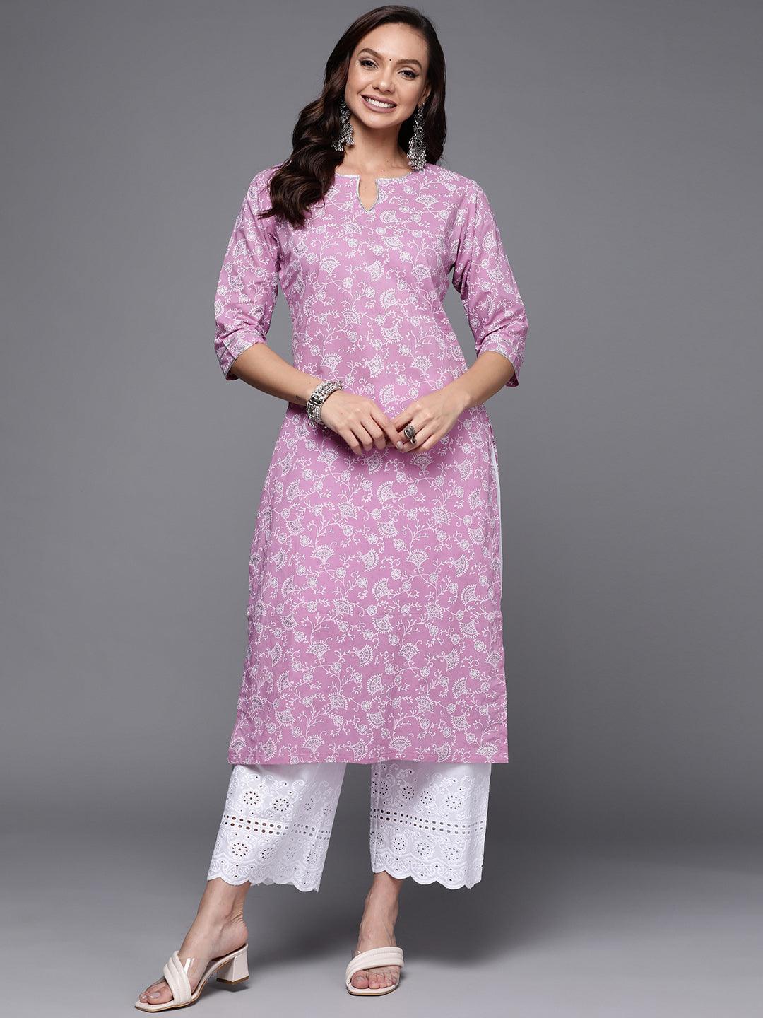 Purple Printed Cotton Straight Kurta - ShopLibas