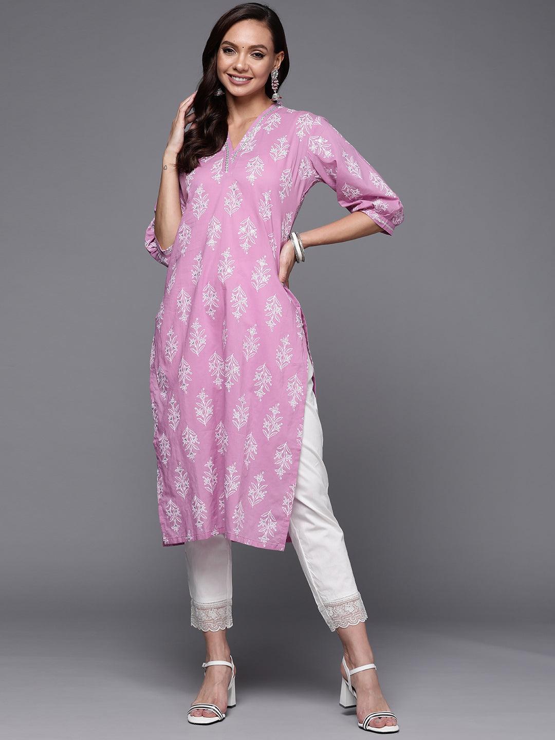 Purple Printed Cotton Straight Kurta - ShopLibas