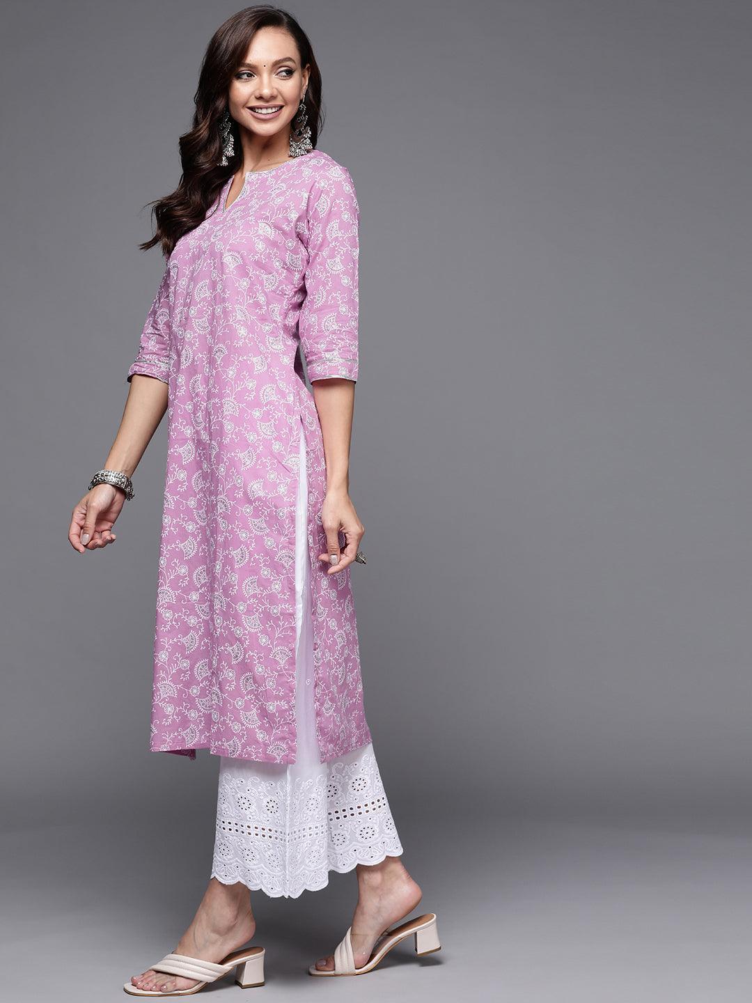 Purple Printed Cotton Straight Kurta - ShopLibas