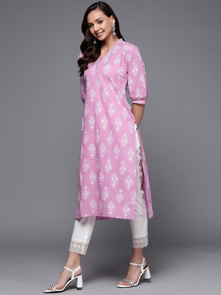Purple Printed Cotton Straight Kurta - ShopLibas