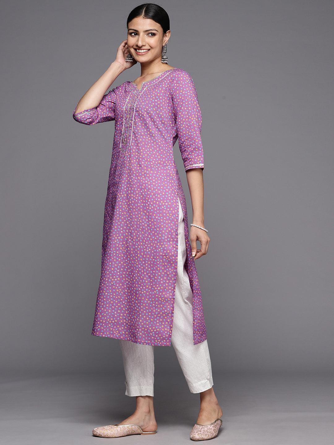 Purple Printed Cotton Straight Kurta - ShopLibas 