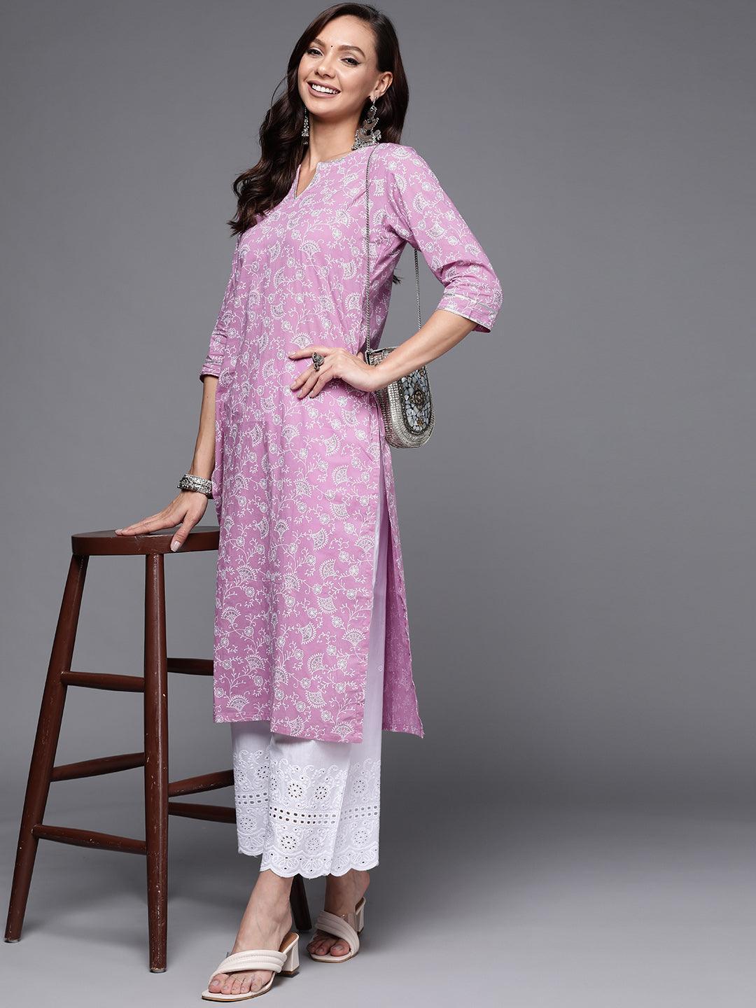 Purple Printed Cotton Straight Kurta - ShopLibas