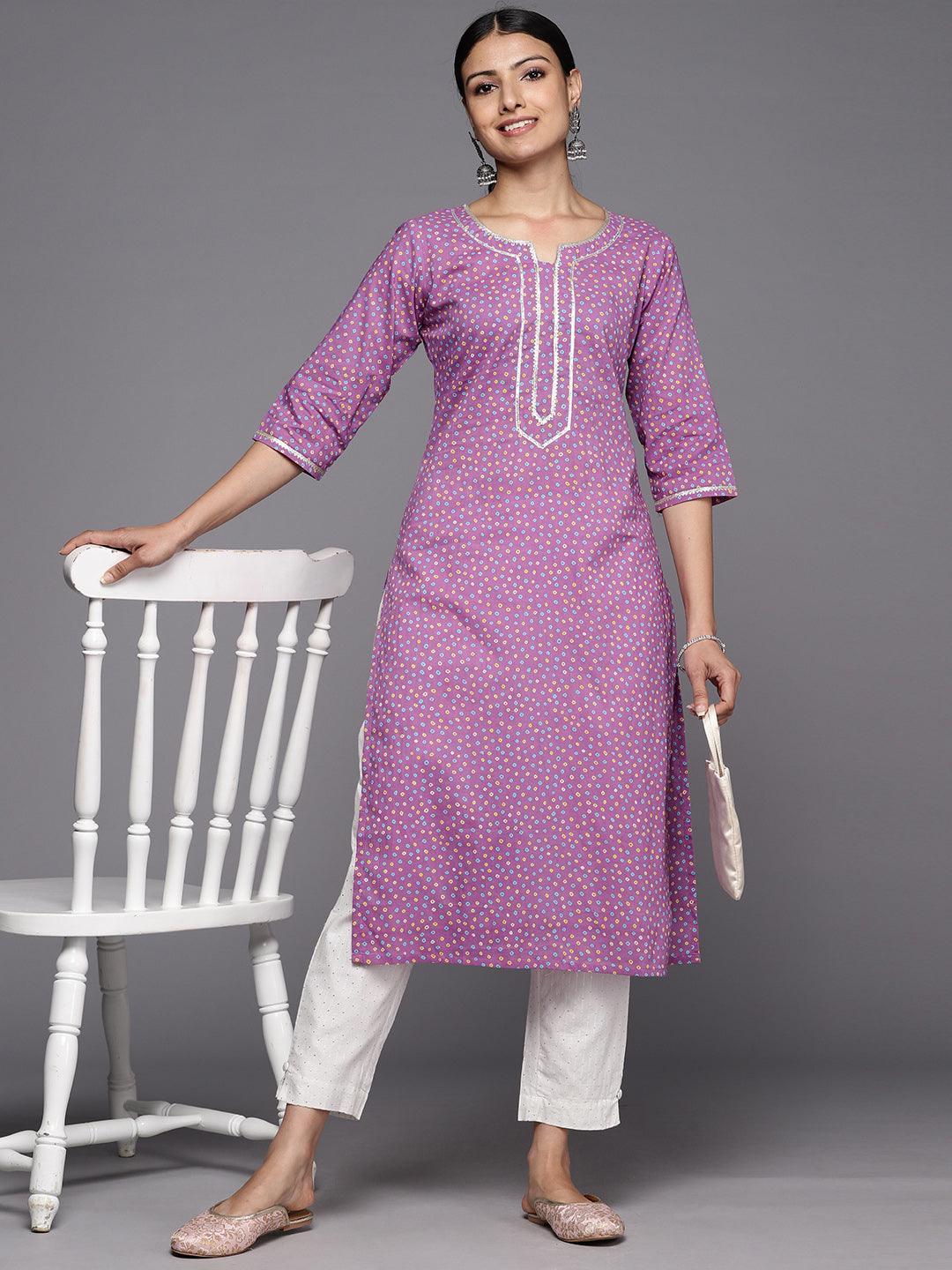 Purple Printed Cotton Straight Kurta - ShopLibas 
