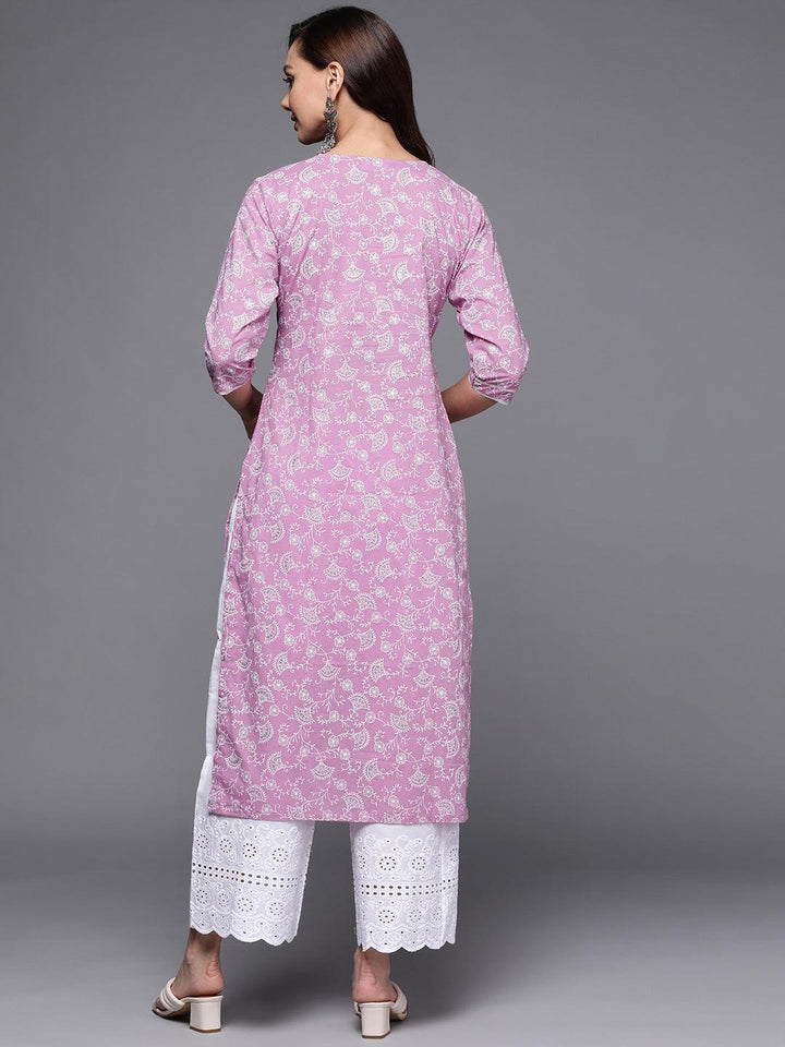 Purple Printed Cotton Straight Kurta - ShopLibas