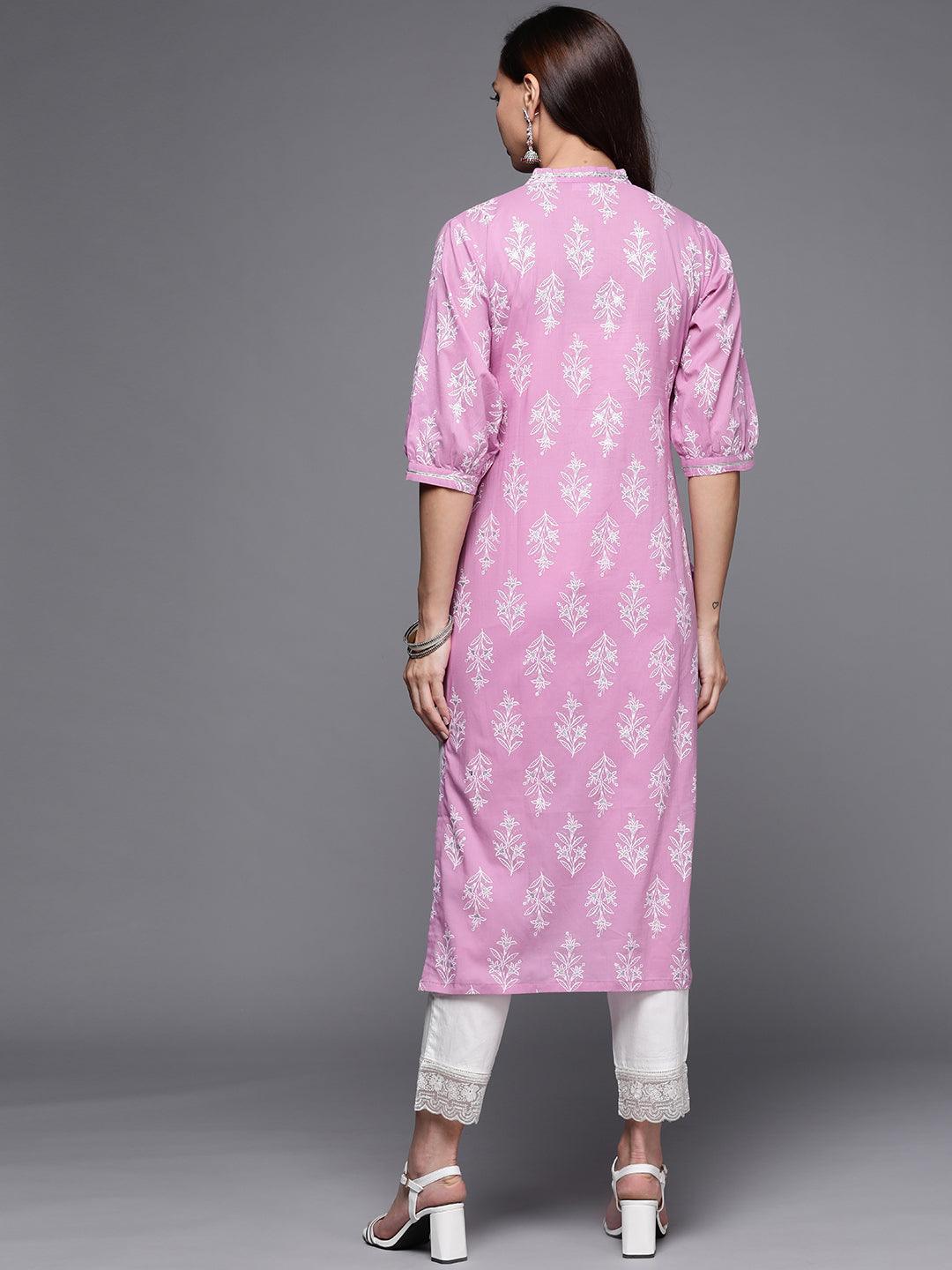 Purple Printed Cotton Straight Kurta - ShopLibas