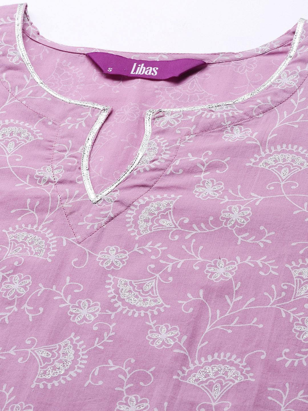 Purple Printed Cotton Straight Kurta - ShopLibas
