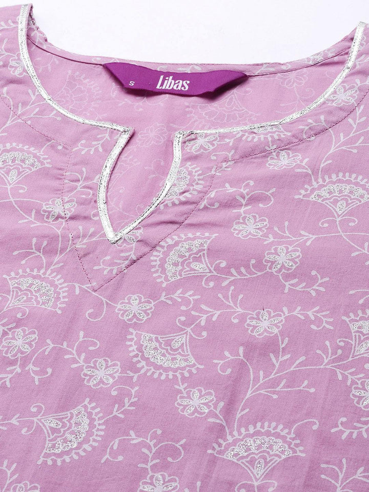 Purple Printed Cotton Straight Kurta - ShopLibas
