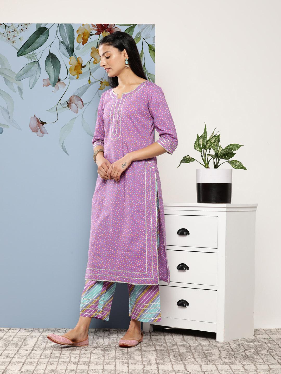 Purple Printed Cotton Suit Set With Palazzos - ShopLibas 