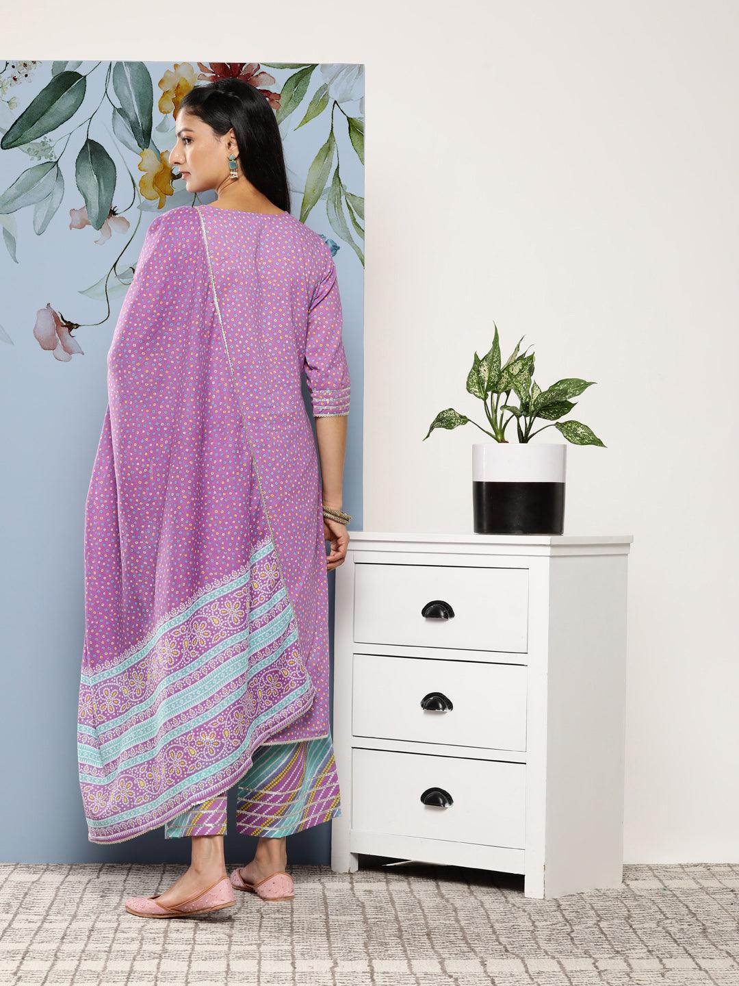 Purple Printed Cotton Suit Set With Palazzos - ShopLibas 