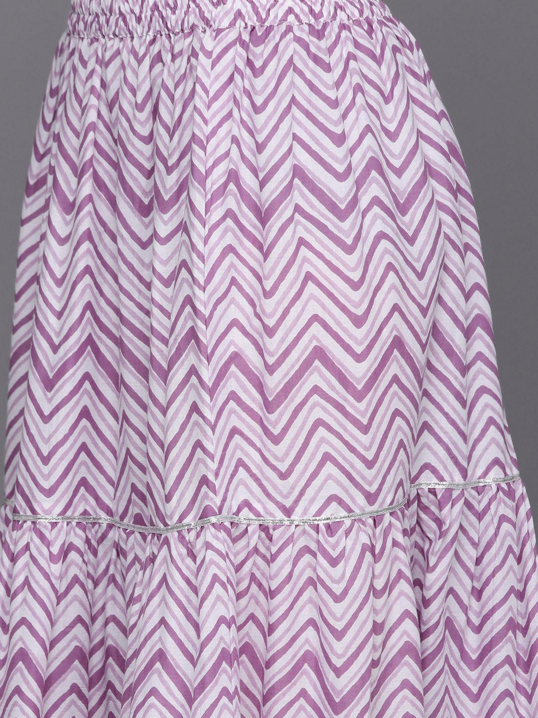 Purple Printed Cotton Straight Suit Set With Skirt - Libas 