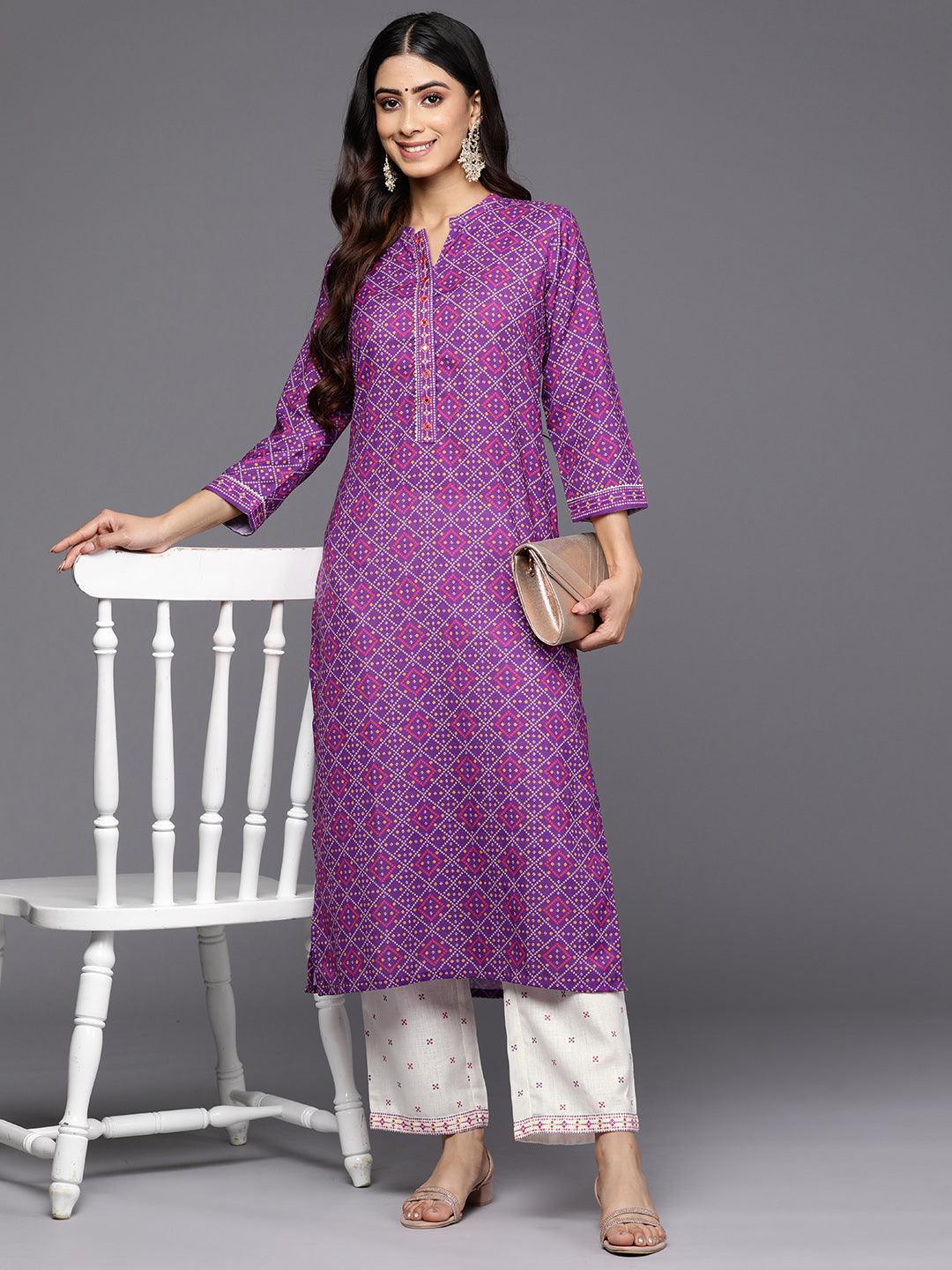 Purple Printed Cotton Straight Kurta Set With Trousers - ShopLibas 