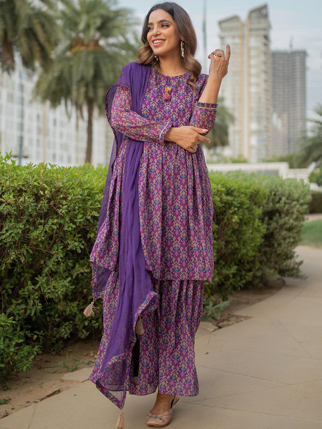 Purple Printed Georgette Suit Set - ShopLibas