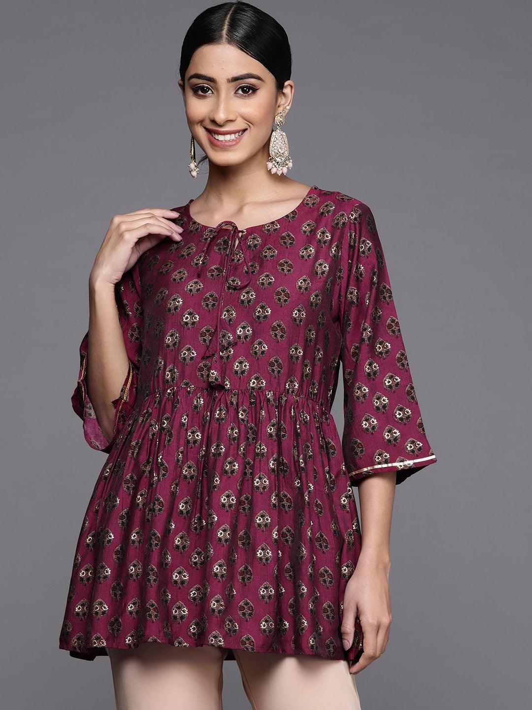 Purple Printed Silk Blend A-Line Kurti - ShopLibas