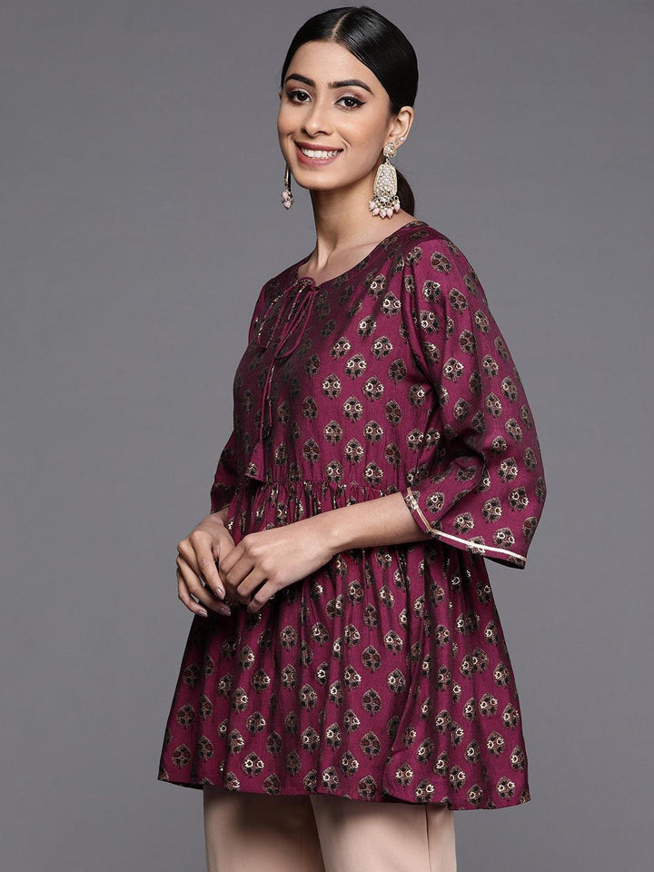 Purple Printed Silk Blend A-Line Kurti - ShopLibas