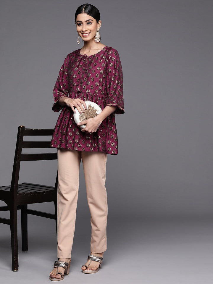Purple Printed Silk Blend A-Line Kurti - ShopLibas