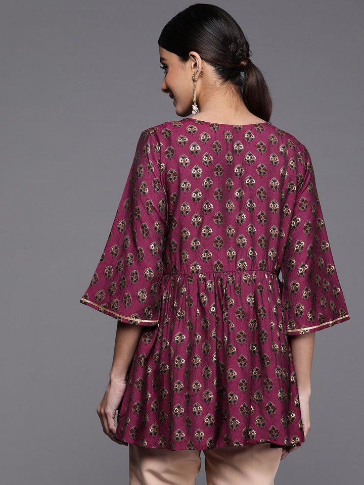 Purple Printed Silk Blend A-Line Kurti - ShopLibas