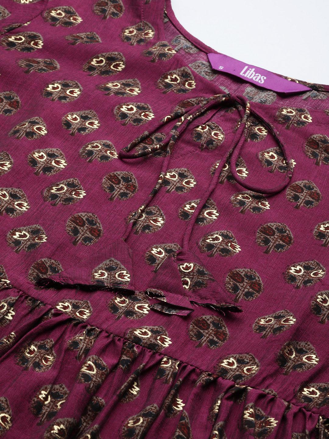 Purple Printed Silk Blend A-Line Kurti - ShopLibas