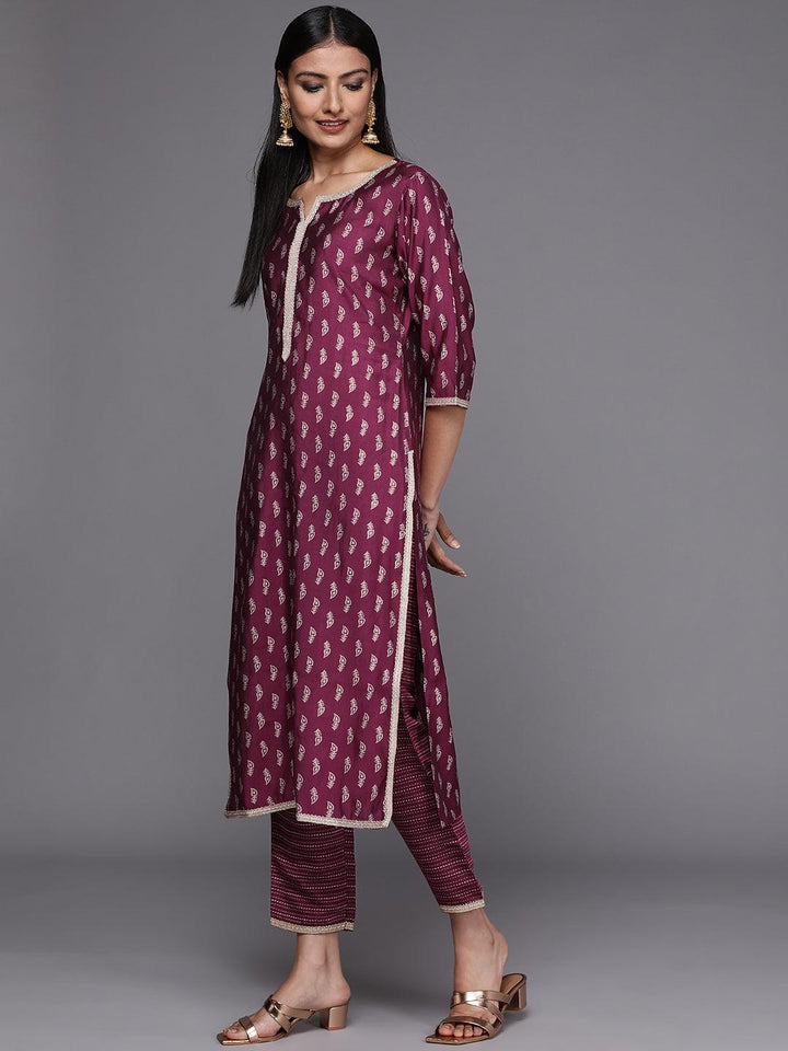 Purple Printed Silk Blend Straight Suit Set