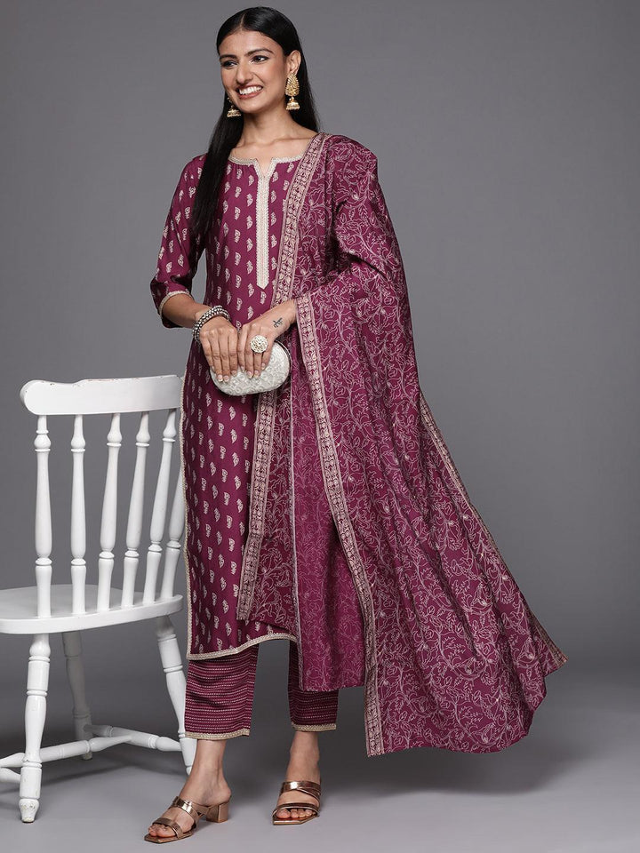 Purple Printed Silk Blend Straight Suit Set