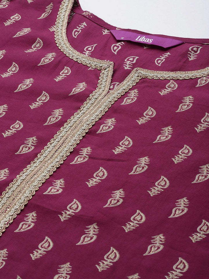 Purple Printed Silk Blend Straight Suit Set