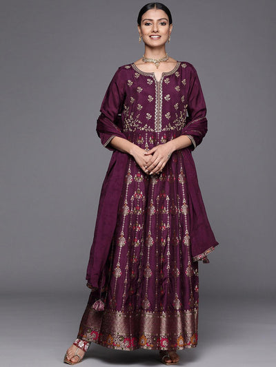 Purple Self Design Silk Anarkali Suit Set - ShopLibas