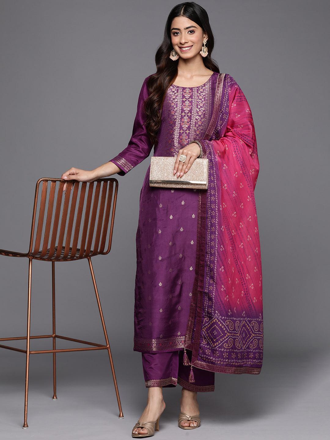 Purple Printed Silk Blend Straight Suit Set With Dupatta
