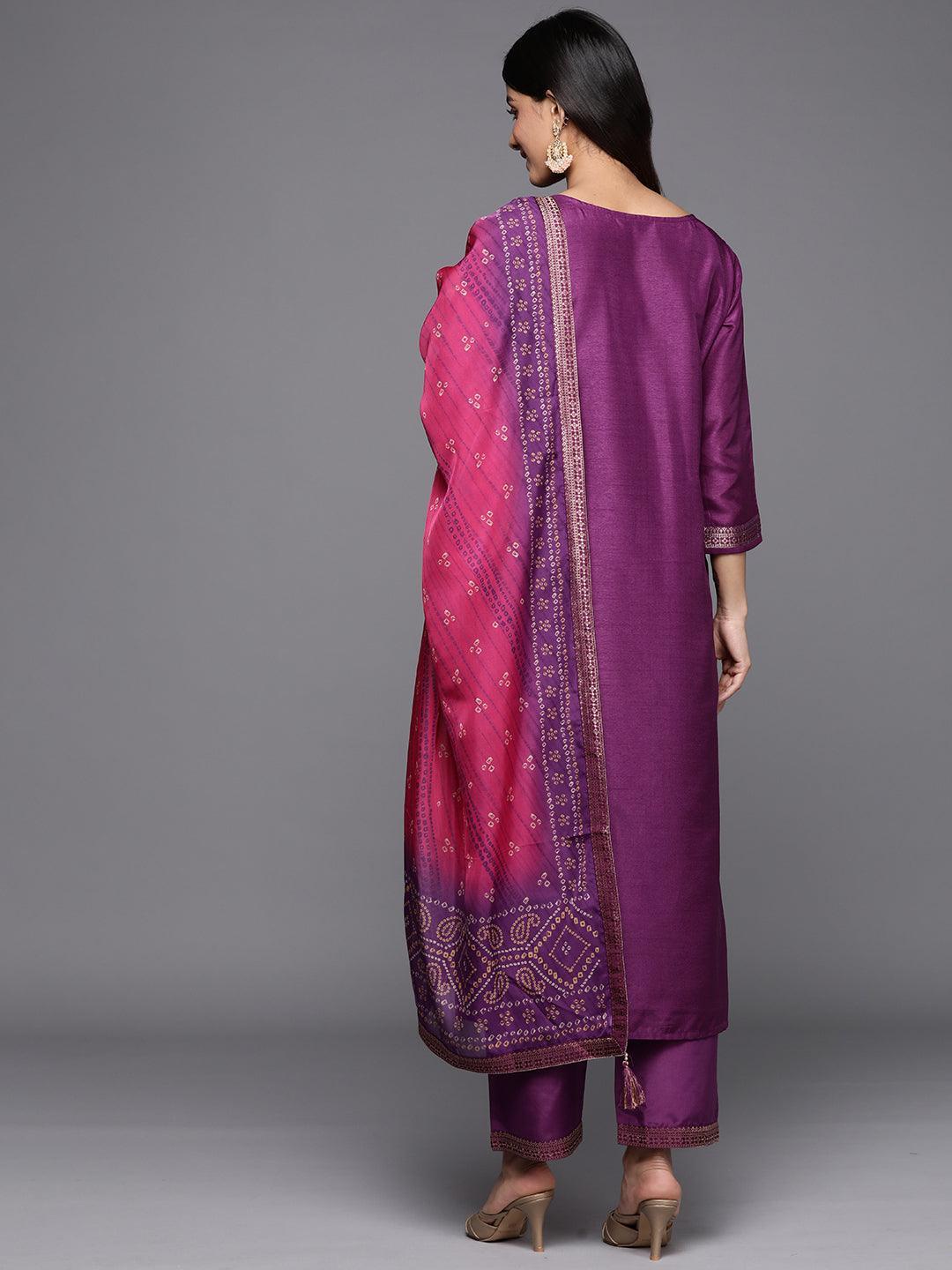 Purple Self Design Silk Blend Straight Suit Set With Trousers - ShopLibas