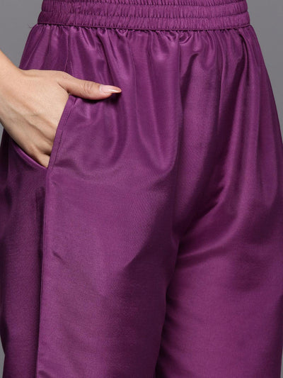 Purple Self Design Silk Blend Straight Suit Set With Trousers - ShopLibas