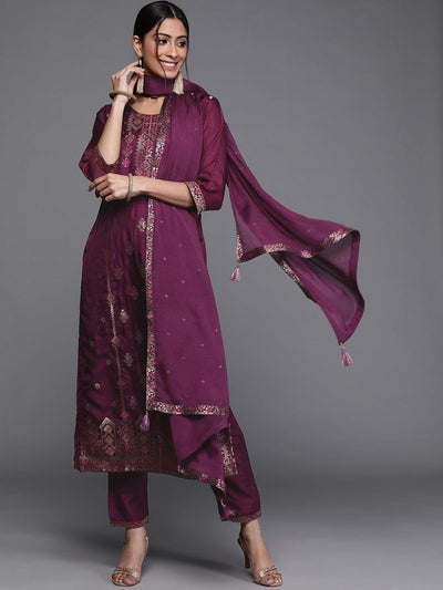 Purple Self Design Silk Suit Set - ShopLibas