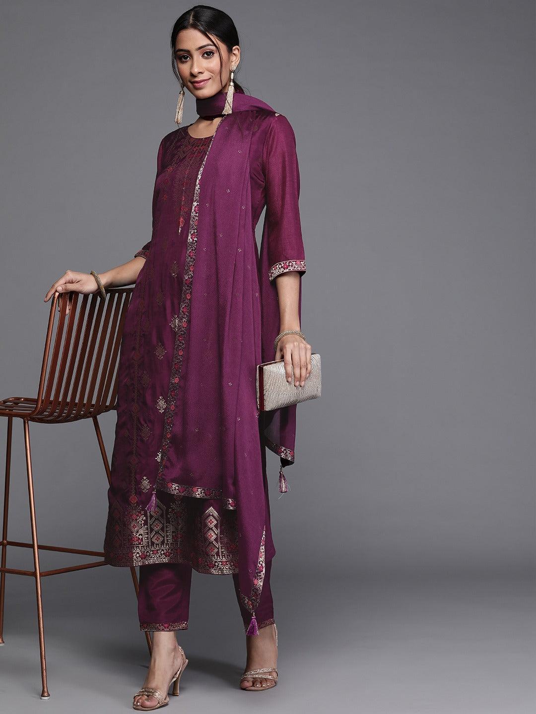 Purple Self Design Silk Suit Set - ShopLibas