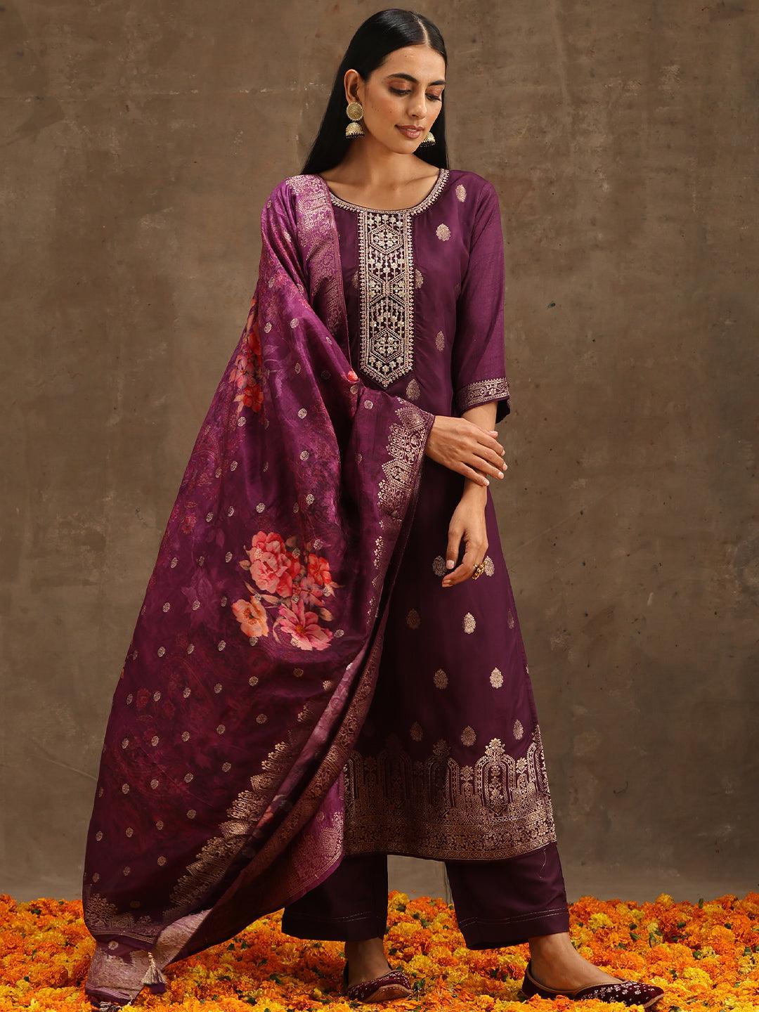 Purple Self Design Silk Suit Set With Trousers - ShopLibas