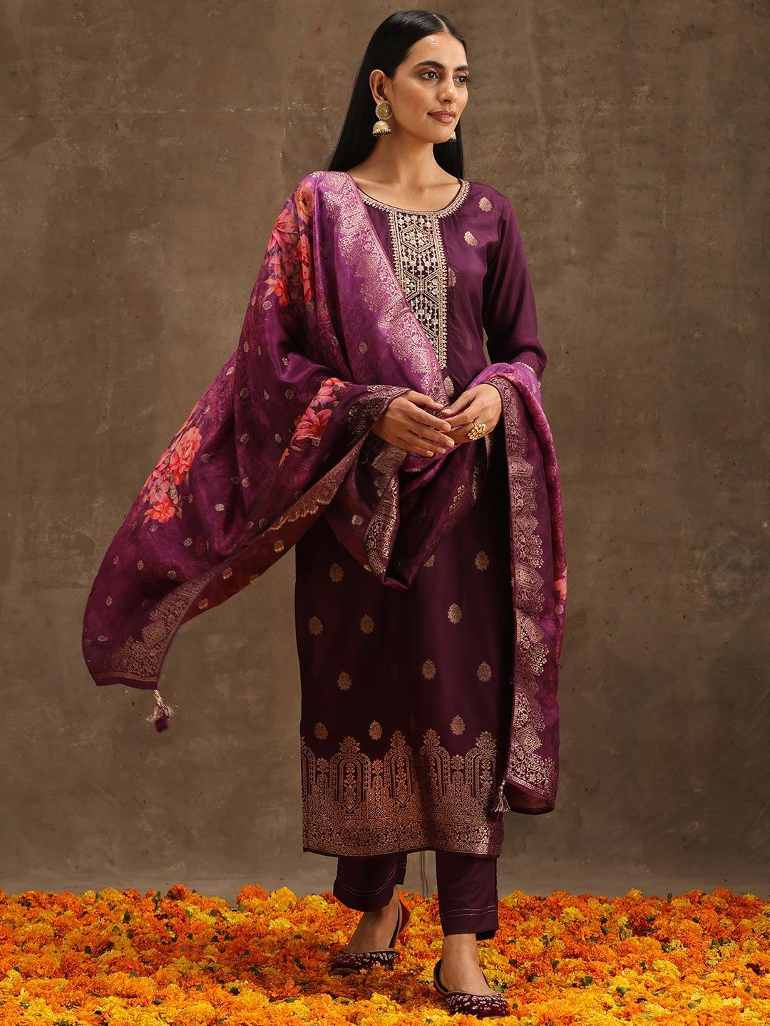 Purple Self Design Silk Suit Set With Trousers - ShopLibas