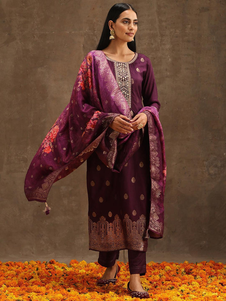 Purple Self Design Silk Suit Set With Trousers - ShopLibas