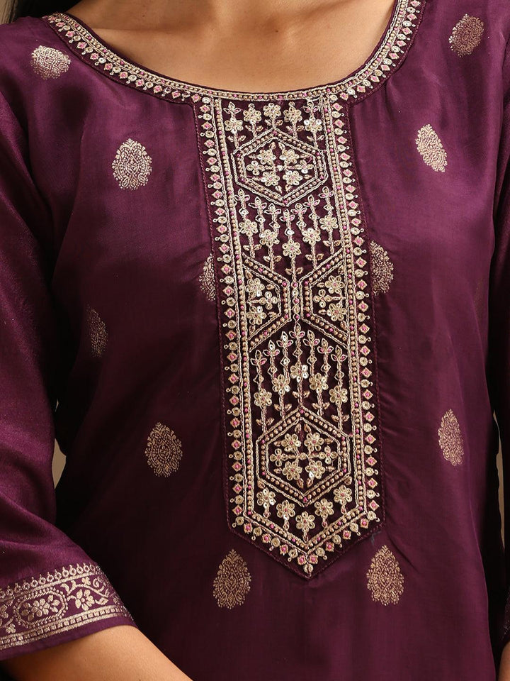 Purple Self Design Silk Suit Set With Trousers - ShopLibas