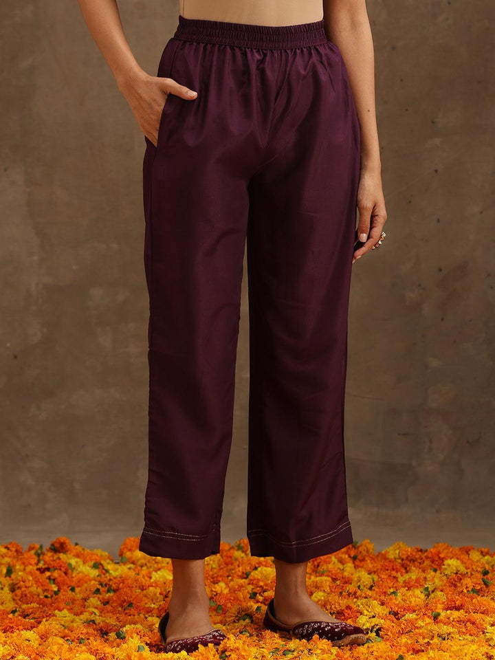 Purple Self Design Silk Suit Set With Trousers - ShopLibas