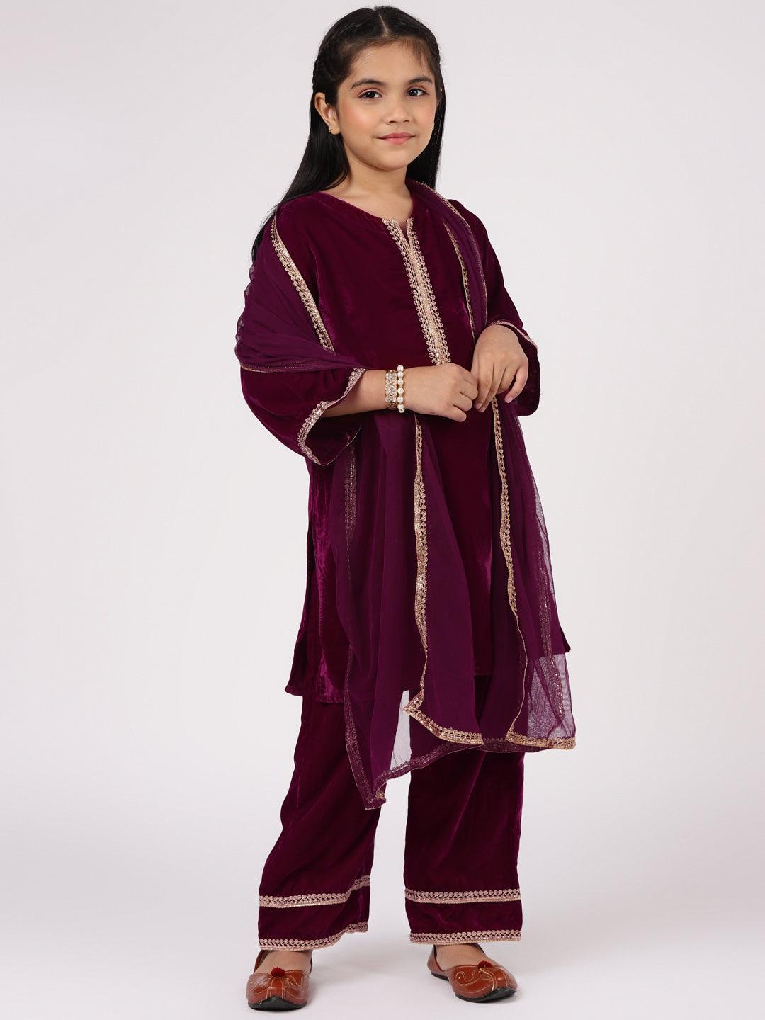 Purple Solid Velvet Straight Suit Set - ShopLibas