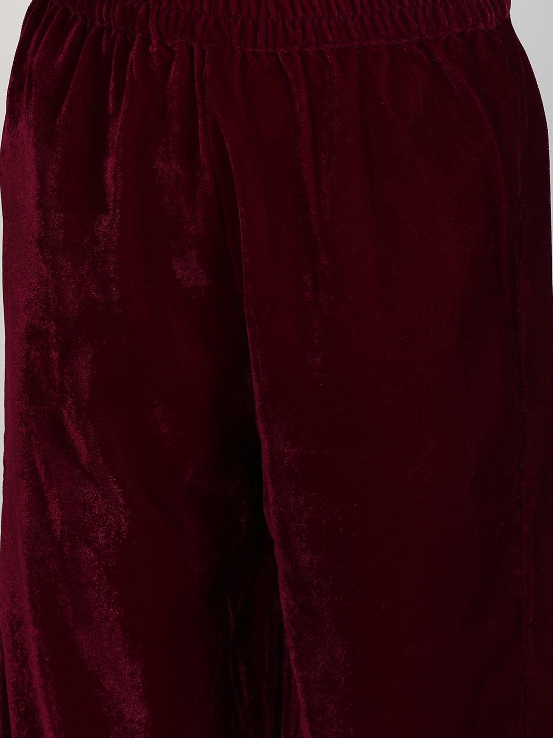 Purple Solid Velvet Straight Suit Set - ShopLibas
